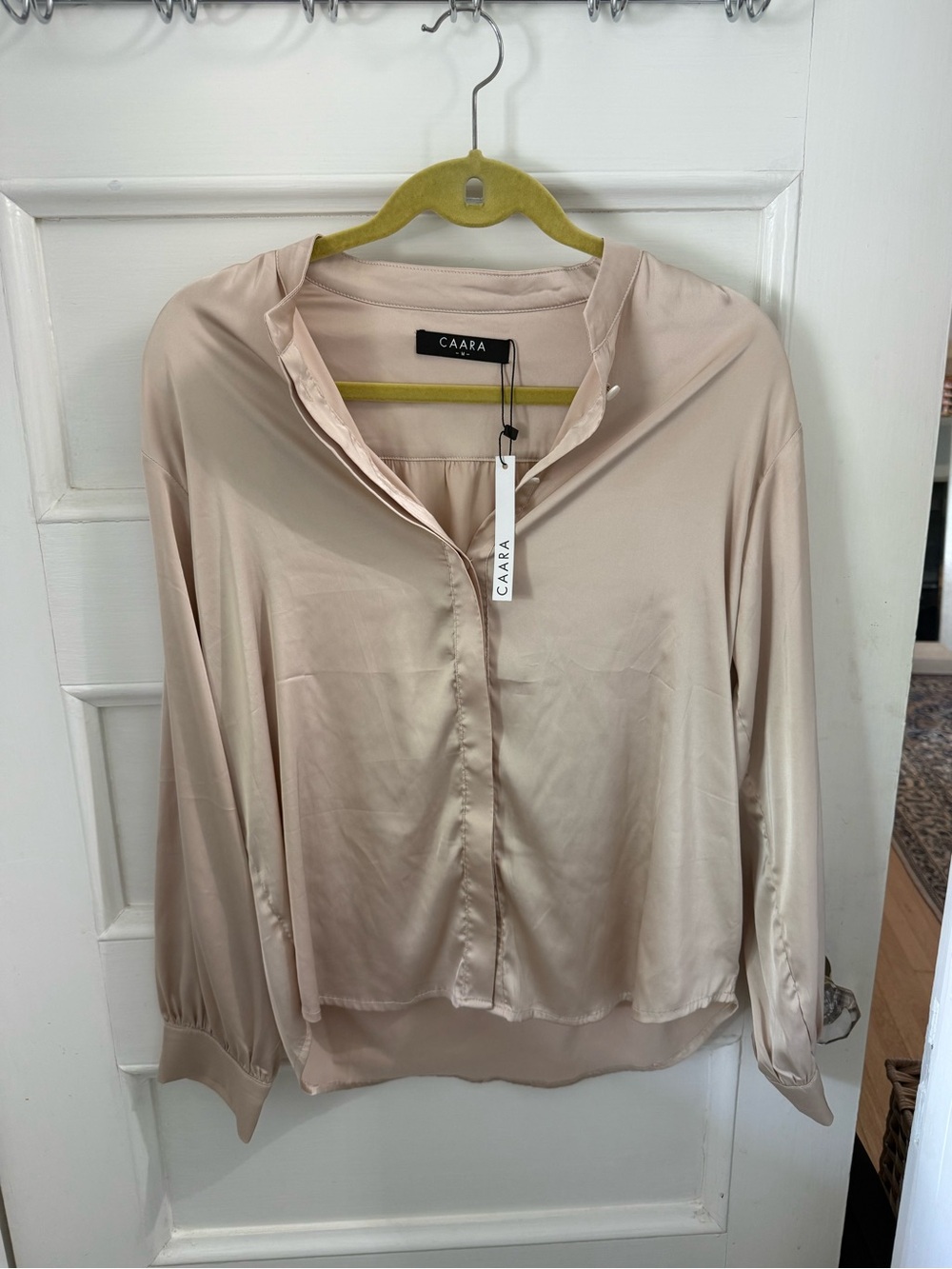 CAARA Satin-Feel Button Front Blouse in Soft Beige